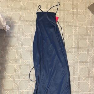 Elegant Navy Blue Spaghetti Strap Silk Prom Dress